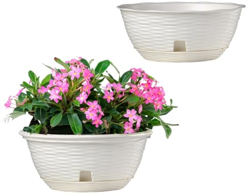 GarPet 2X Pflanzschale Blumenschale Pflanzschalen für draussen Bonsai Topf Pflanzschale Rund inkl. Untersetzer Grabschale Weiß 40 cm
