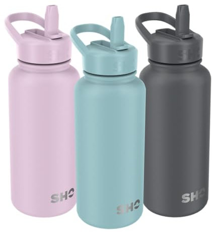 SHO Guzzler Water Bottle with Straw Lid - Leakproof Dishwasher Safe BPA Free No Sweat Vacuum Insulated Double Walled Metal Flask 950ml & 1900ml 24 Hours Cold (Arctic Mist, 950ml)