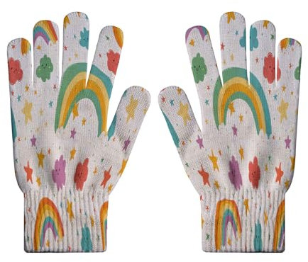 Winterhandschuhe Für Damen – Atmungsaktive Strickhandschuhe Mit Cartoon-Regenbogendruck,R Arbeitsschutz,Gartenarbeit,Handschuhe Mit Buntem Sternendruck,Touchscreen-Handschuhe Für Outdoor-Sport