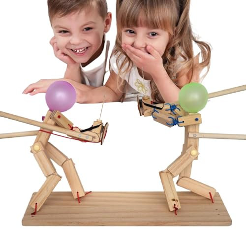 Upgraded Fechten Puppets Ballon Spiel Ballon Brawlers Spiel Holz Fechten Puppen Ballon Handgemachte Ballonköpfe Holz Kämpfer Puppen für Zwei Spieler (100 Ballon)
