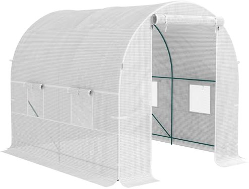 Outsunny Reinforced Walk In Polytunnel Greenhouse with Roll Up Door, Galvanised Steel Frame and Zipped Door Windows (2 x 2.5m), White