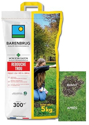 Barenbrug - Soin Rebouche Trou - Solution 3-en-1 - Engrais Organique pour Nourrir Gazon - Support Végétal pour Optimiser Germination - Limite Apparition Mauvaises Herbes - Fabriqué en France - 5KG