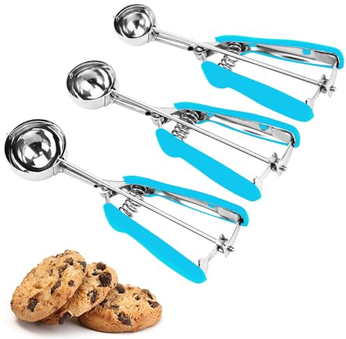 Cookie Scoop Set, 3Pcs Ice Cream Scoop, Cookie Scoops for Baking Set of 3, 18/8 Stainless Steel Cookie Scooper for Baking, Ice Cream Scooper with Trigger Release, Blue Soft Grip Cookie Dough Scoop | , 18/8 Stainless Steel Cookie Scooper for Baking, Ice Cream Scooper with Trigger Release, Blue Soft Grip Cookie Dough Scoop