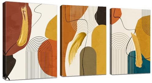 WENGTIAO 3 Pezzi Stampa su Tela Linee Geometrico Nordiche Con Cornice Quadro su Tela Astratto Arancione Oro Beige Verde Pittura Quadro Moderno Soggiorno Camera da Letto Decorazioni Parete 30x40cmx3