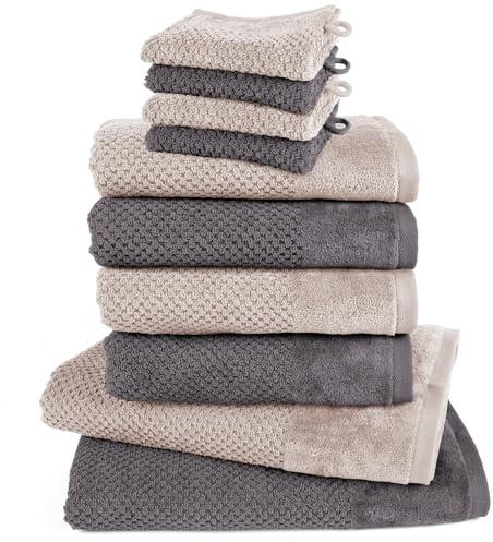 Pure Label Handtücher Set 10-TLG 2x70x140 4x50x100 4x16x21 Anthrazit|Stein | weich, saugstark, 100% Baumwolle & OEKO-TEX, mit Schlaufe
