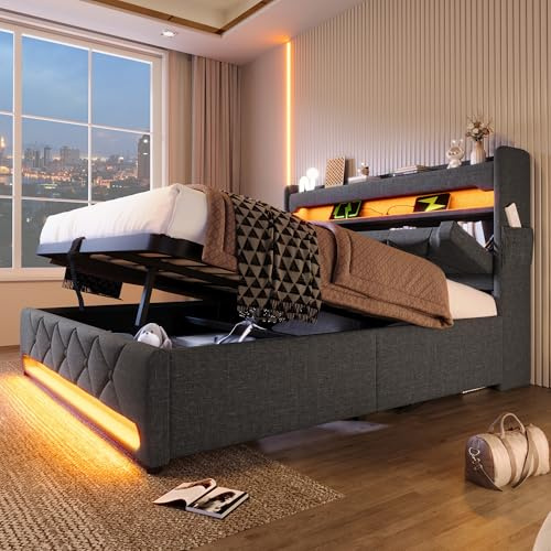 Polsterbett Doppelbett 180x200, LED Stauraum Kopfteil Bett mit USB Typ-C Ladefunktion&Staufach, Jugendbett Stauraumbett Funktionsbett Bettgestell mit Stauraum&Lattenrost, Leinen, Ohne Matratze, Grau
