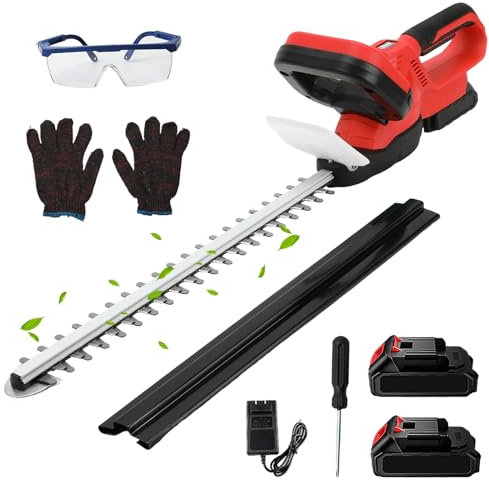 Taille Haie Batterie, Taille-Haies sans Fil 21V avec 2 Batteries 7500mAh, Double Lame de Coupe, Taille Haie Electrique de Longueur de Coupe 55cm, Diamètre de Coupe 15mm, pour Arbustes, Jardin (Rouge)