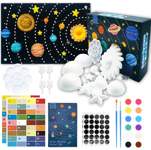 Huimai 66PCS Solarsystem Planeten Projekt Deko, Schule Solaranlage Modell Kit mit 15 gemischten Größe Schaumstoffkugeln, Farbpigmente, Palette, Pinsel, Solaranlage Etiketten für Kinder 3+