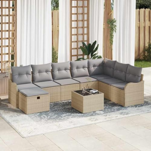 Set di mobili da giardino, 9 pezzi, beige/grigio chiaro, 287,5 x 177,5 x 85 cm, in rattan sintetico, resistente alle intemperie, telaio in acciaio, per esterni, gruppo di seduta modulare angolare