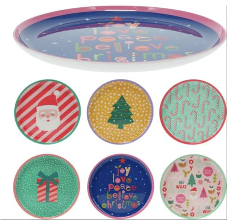 VARZI Set 6 Piatti Natalizi In Melamina Diametro 20cm – Decorazioni Festive Babbo Natale Albero E Dolcetti – Colori Assortiti