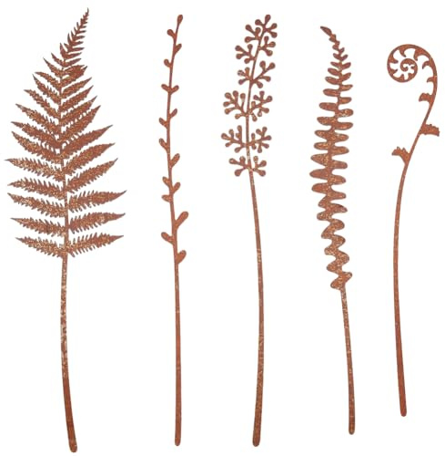 GORGECRAFT 5Pcs 5 Styles Metal Decorative Garden Stakes Rusty Iron Rustic Plants Fern Leaves Shaped Art Decor Signs Stake for Outside Lawn Yard Art Outdoor Walkway Potted Accessory