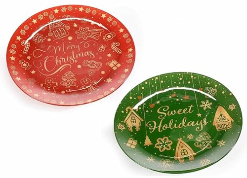 Gruppo Maruccia - Piatti Natalizi - Vetro Decorato con Scritte Augurali - Set 4 Pezzi - Fantasie Assortite - Servizio da Tavola Festivo