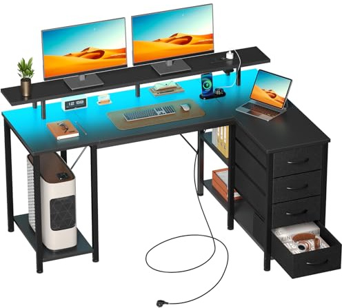 Rolanstar Schreibtisch mit 4 Schubladen & 3 Ablagen, Computertisch mit Steckdosen & LED Beleuchtung, Gaming Schreibtisch L Form für Schlafzimmer, Wohnzimmer, Homeoffice, Büro (Schwarz, 140 cm)