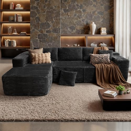 Aivermeil Boneless Couch Cloud Corner Sofa, 282cm L-Shaped Modular Corduroy Couch with Memory Foam & Ottoman, No Assembly, 3–4 Seater - Cord/Black