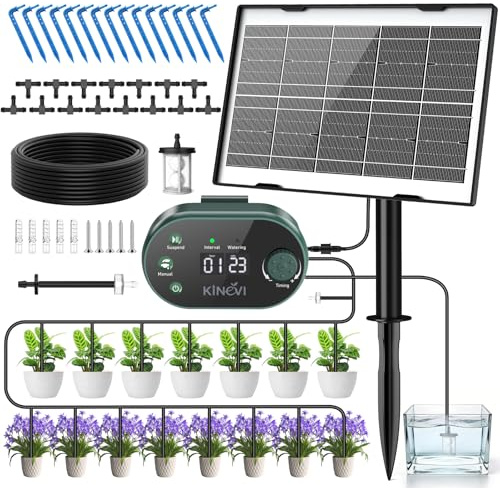 Sistema de Riego Solar para Jardín, Kit Riego Por Goteo Autorriego con 15 Micro Cabezales de Goteo, para jardín, plantas de interior y exterior, césped plantas en maceta balcón hortalizas y arbustos