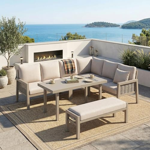 Kuczn Gartenmöbel Set, Garten Essgruppe 7-8 Personen, Gartenlounge wetterfest mit Esstisch, Ecksofa und Banke, Verzinktes Eisen, Balkonmöbel Loungemöbel Sitzgruppe Essgruppe, Beige