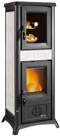 La Nordica Kaminofen Gemma Forno 165 Elegance Weiß Infinity 6 kW Holzofen mit Backfach emailliertes Gusseisen 120 mm Rauchrohr Oben Scheibenspülung Keramikglas 120 m³ Raumvolumen