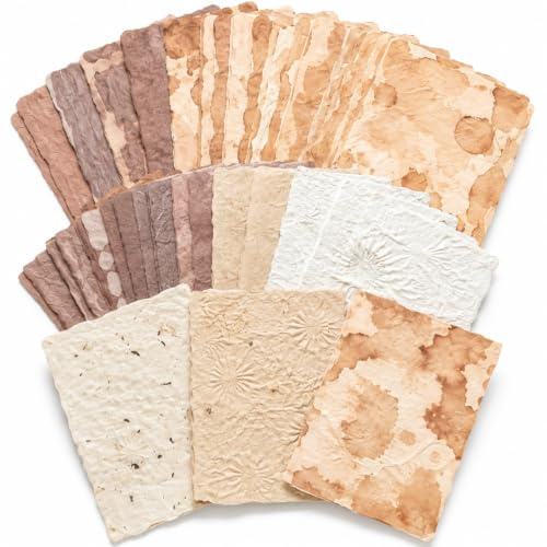Scrapbooking Papier Vintage Set, 56 Blatt Dekorpapier Reliefgeprägt | Strukturpapier für Journaling, Collage, Basteln und DIY Deko, Kaffee-Fleck-Optik