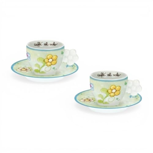 THUN Set 2 Tazzine da Caffè con Piattini Fiore Tazze Espresso in Porcellana Servizio Caffè per 2 Persone