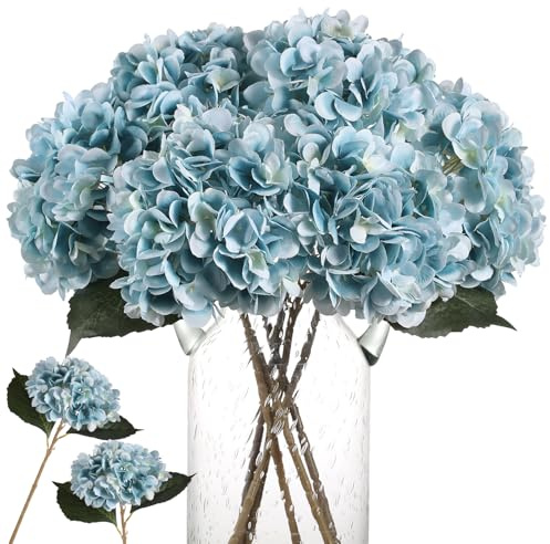 Kisflower Blue Hydrangea Artificial Flowers 6pcs Faux Hydrangea Flowers, Fake Flowers for Table Centerpiece, Blue Silk Hydrangea Flowers with Stems for Home Wedding Party Decor