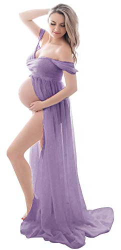 FEOYA-Abito Premaman con Spalle Scoperte Fotografia da Donna Abito Sexy in Gravidanza in Chiffon per Servizio Fotografico Gonne Traspiranti Estive con Spacco sul Davanti Maxi Abito Lungo