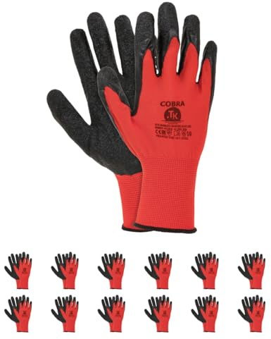 TK Gloves COBRA - Guantes de trabajo (12 pares, con revestimiento de látex rugoso negro (10), color rojo