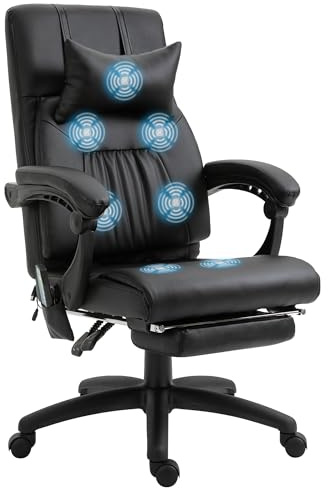 Vinsetto Massagesessel mit Massagefunktion Schwarz 68 x 79 x 104-112 cm | Chefsessel, 7 Massagepunkte, Höhenverstellbarer Drehstuhl, Fußstütze, Kopfstütze, Zeitgenössisch, Schaumstoff, PVC