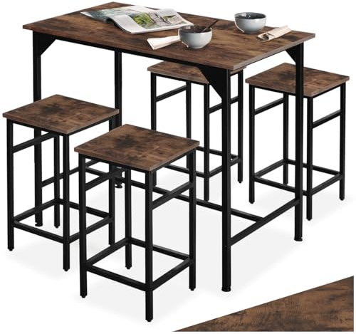 tectake® Mesa Alta de Bar con 4 Taburetes, Mueble de Cocina Estilo Industrial, Diseño Comedor y Mesa Cocina, Muebles de Salon, Taburete - 100 x 124 x 88,5 cm Madera Industrial Oscura, Rústica