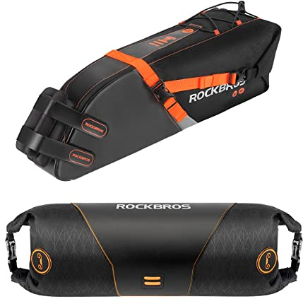 ROCKBROS Wasserdichtes Fahrradtaschen Set für Bikepacking | Lenkertasche+Satteltasche, für Fahrrad, 2 L + 10 L, Schwarz Orange