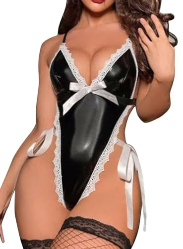 ROSVAJFY Women's Wet Look PVC Teddy Lingerie Lace Trim Deep V Leather Bodysuit with Bow Tie Sexy Maid Roleplay Servant Costume Deep V High Cut Babydoll Nightwear Party Clubwear Cosplay