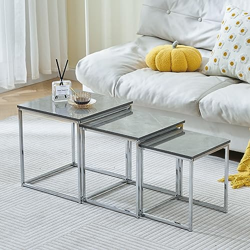 Redd Royal Modern Nesting Table Set of 3, Coffee Table Small End Table Sofa Side High Gloss Wood Tabletop with Chrome Frame Legs Space Saving for Living Room Bedroom (Square Grey Marble Set of 3)