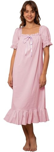 Nanxson Donna Camicia da Notte Vittoriana da in Cotone Sleepwear Stile Principessa Vintage Camicia da Notte A Maniche Corte/Lunghe Camicia da Notte Lunga in Pizzo con Volant(XXL,Manica Corta Rosa)