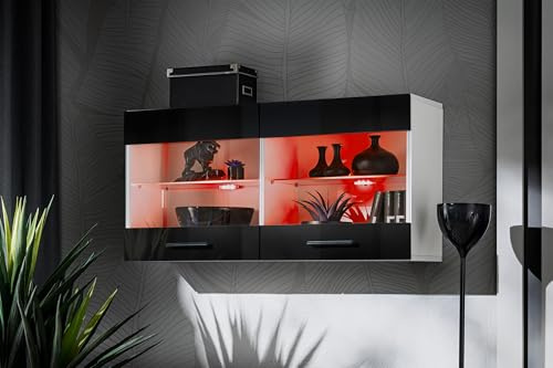 Komodee, Vitrine Schrank Savona, Schwarz/Weiß, Breite 100cm x Höhe 50cm x Tiefe 30cm, LED RGB, 2 Glasböden, 2 Türen, für Wohnzimmer, Küche