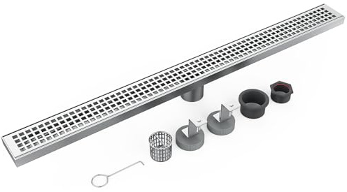 GAOMON 32-Inch Linear Shower Drain with Removable Quadrato Pattern Grate, Brushed 304 Stainless Steel Rectangle Shower Floor Drain, Bathroom Linear Drain with Leveling Feet,Hair Strainer