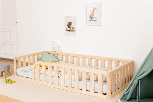 Mandrele - Montessori Bett, Bodenbett mit Lattenrost und Rausfallschutz, Kinderbett aus Kiefernholz für Jungen und Mädchen, 120x200 cm, Natur