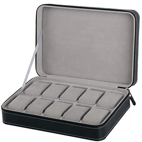 REEKOS Uhren Aufbewahrungsbox Uhrenbox Uhrenschatulle Uhren-Aufbewahrungsbox Reise Tragbar Leicht Elegant PU-Leder 10 Fächer Uhren-Organizer-Box Reißverschluss Uhrenkasten Uhrenkoffer
