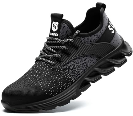 SUADEX Sicherheitsschuhe Arbeitsschuhe Herren Damen Leicht S3 Arbeitsschutzschuhe Stahlkappenschuhe Atmungsaktiv mit Stahlkappe Schwarz 43 EU