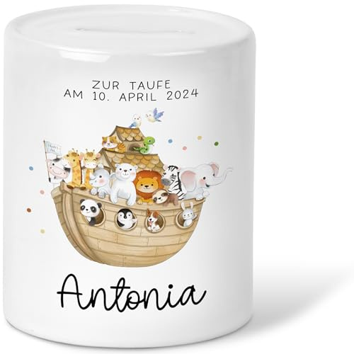 Generisch kleinebuchstaben® Personalisiert Spardose Arche Noah Name zur Taufe Datum - Arche Noah - Geschenk für Jungen & Mädchen Kommunion Firmung Konfirmation Wunschname Keramik Geschenk