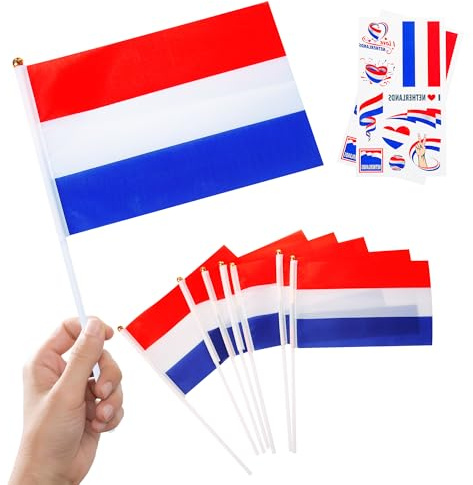 10 banderas de los Países Bajos de mano mini bandera holandesa pequeña en palos y 2 tatuajes, decoración de banderas nacionales de Holanda 2026 para fanáticos del fútbol, día del juego, día nacional
