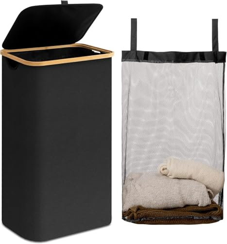 Panier à Linge avec Couvercle,100L Grand Corbeille à Linge avec Poignées en Bambou, Bac a Linge Laundry Basket Pliable XXL Pliable avec Sac Amovibles en Tissu Oxford,Noir