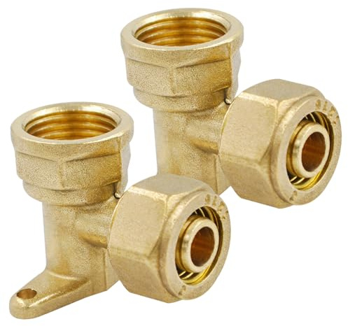 2 Stück 1/2 Messing Wandscheibe, Schraubfitting Winkel Übergang 20x2mm 90° | Verbundrohrsystem Schraub-Kupplung Winkel, 1/2 IG Wandwinkel, für Aluverbundrohr und Mehrschichtverbundrohr DVGW