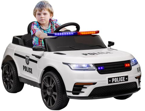 AIYAPLAY Coche Eléctrico para Niños de +3 Años Carro Eléctrico Infantil de Policía con Batería 12V 3-5km/h Mando a Distancia Faros Bocina Sirena Música y Rueda de Entrenamiento 112x66x50 cm Blanco