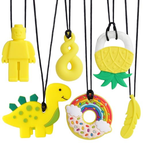 6 Stück Sensory Kauen Halskette, Gelb Silikon Kaukette für Autistische Kinder, Zahnen, Angst, Beißen Bedürfnisse, ADHS, Oral Motor Chewy mit Verstellbaren Schnalle für Baby Jungen Mädchen