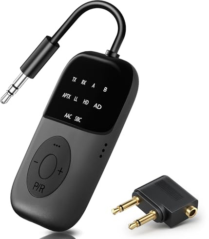 SOARUN 2-IN-1 Bluetooth 5.4 Adapter Transmitter, 24H Spielzeit, aptX Low Latency Airfly Gadgets, Bluetooth Empfänger Sender Klinke 3,5 für Airpods, Flugzeug, Kopfhörer,TV, Audio System, Auto