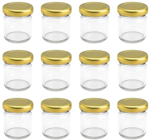 Bramley & Sage 42ml 1.5oz Miniature Round Glass Jam Jars with Gold Twist-Off Lids Wedding Favours (Set of 12)
