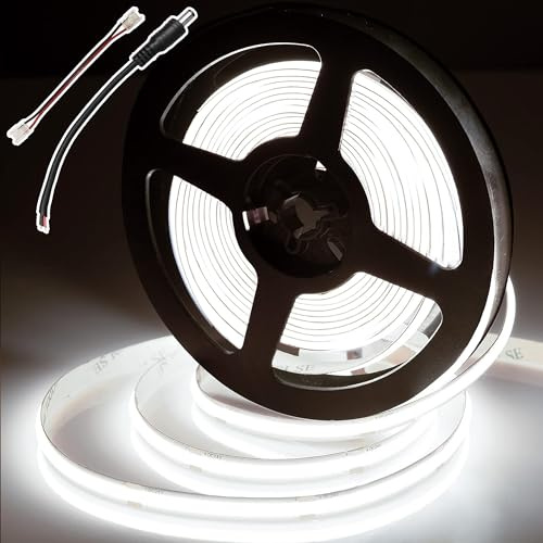 BERIXDEEP 12V COB LED Streifen, 480 LEDs/m, 6000K, Ohne Netzteil | Kaltweiß LED Strip Dimmbar für Küchenschrank, TV, Treppen, Regal, 9w/m, 95lm/w, CRI 92, 8mm Breit, Durchgehendes Licht