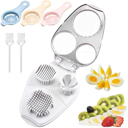 3 en 1 Coupe Oeuf avec Séparateur D'oeuf et Brosse de Nettoyage, Multifonctions Acier Inoxydable Coupe Oeufs Durs, pour Fraises Kiwis Beurre Champignons Tomates