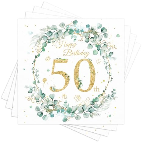 60 Stück 50 Geburtstag Servietten Eukalyptus Grün-Happy Birthday Servietten,deko 50 Geburtstag Mann Frau,Geburtstagsdeko,Tischdeko Geburtstags,Salbeigrün Grüne Mintgrün,Papierserviette Einweg Napkins