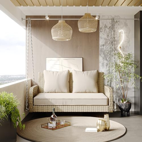 Hollywoodschaukel, Gartenmöbel-Set, Rattan, 2-Sitzer mit abnehmbaren, waschbaren Kissen, graues Sitzkissen, stilvolle Terrassen-Hängematte zum Entspannen (Beige)