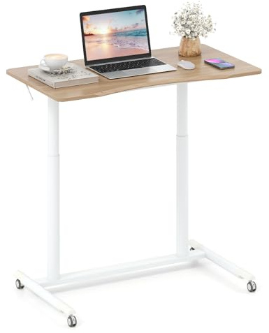 COSTWAY Schreibtsich C-förmig mit Rollen, 70-106 cm höhenverstellbar, Kleiner Computertisch mit Metallrahmen, mobiles Stehpult, Laptoptisch, Steh-Sitzschreibtisch für Zuhause, Büro (Natur)